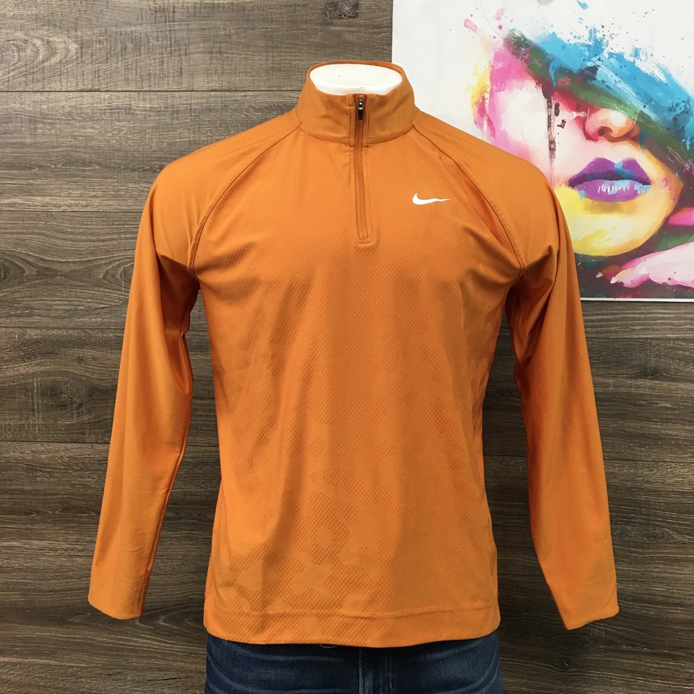 Nike Shirt Mens Size L Orange Camo Zip Long Sleeve Dri Fit ADV Golf Performance